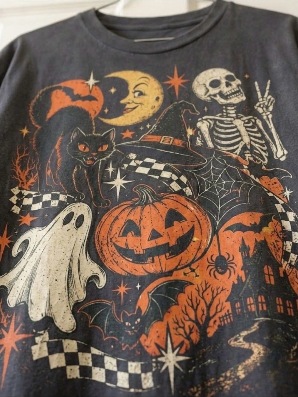 Skeleton Peace Black Cat Pumpkin Spooky Season Edgy Statement Womens Graphic Tee - Picture 3 of 4